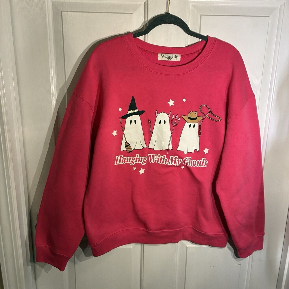 Women's Pink Halloween Sweatshirt. 3 Ghost And Saying HANGING With MY GHOULS XXL